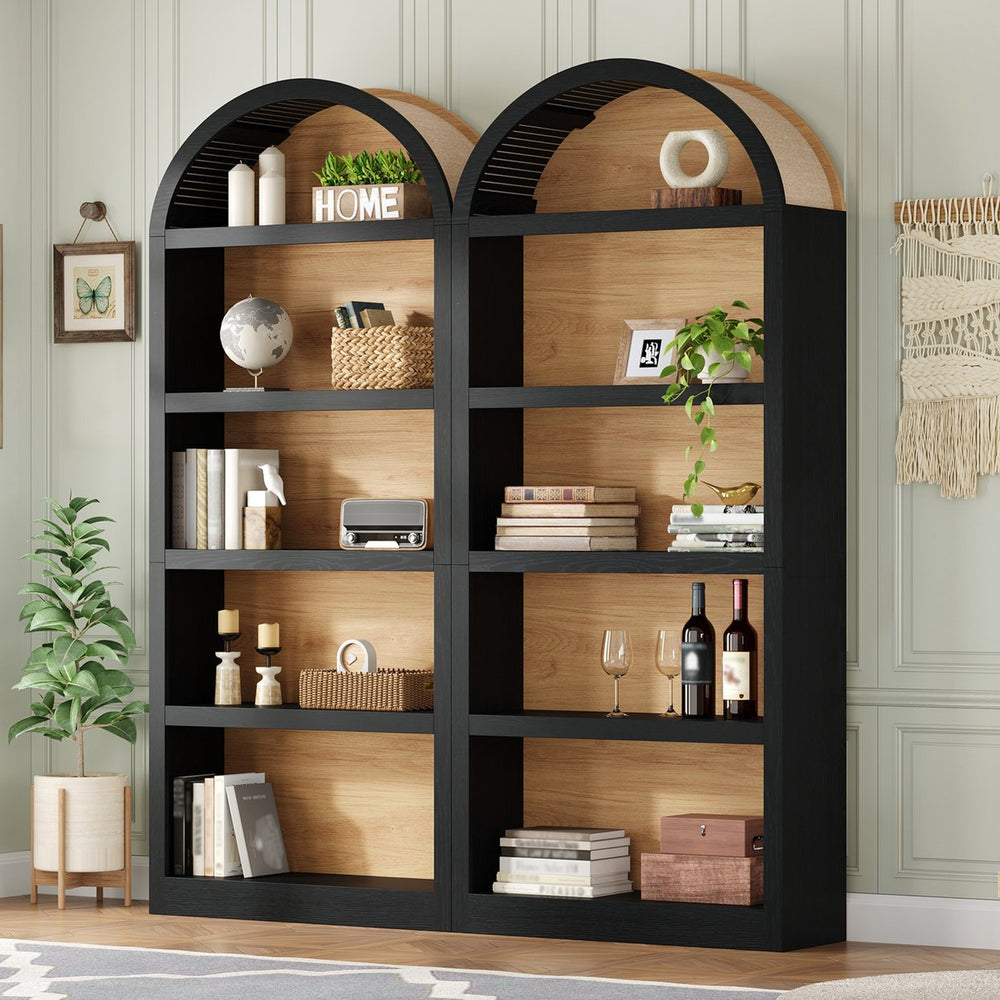 English Elm On-trend Farmhouse Two-tone Bookcase Set Arched Fabric Crown Open 5-tier Shelving Black+Natural N721P411205B