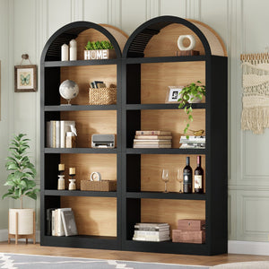 English Elm On-trend Farmhouse Two-tone Bookcase Set Arched Fabric Crown Open 5-tier Shelving Black+Natural N721P411205B