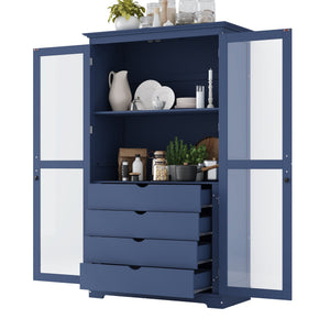 English Elm Topmax Solid Pine Pantry Cabinet with Glass Doors Four Drawers Kitchen Storage SP000086AAC
