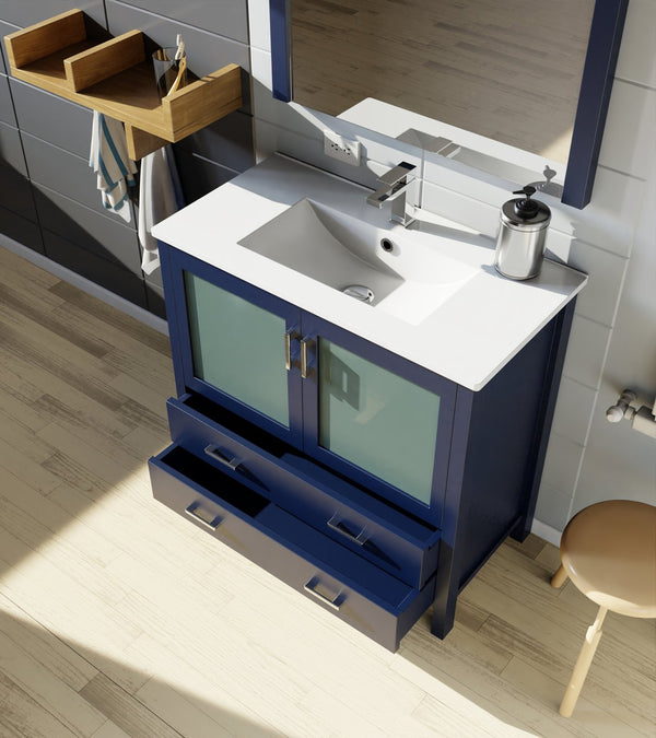 English Elm Navy 36" Bath Vanity with White Ceramic Top, Soft-Close Drawers & Chrome Faucet — Durable, Stylish B2731P260517