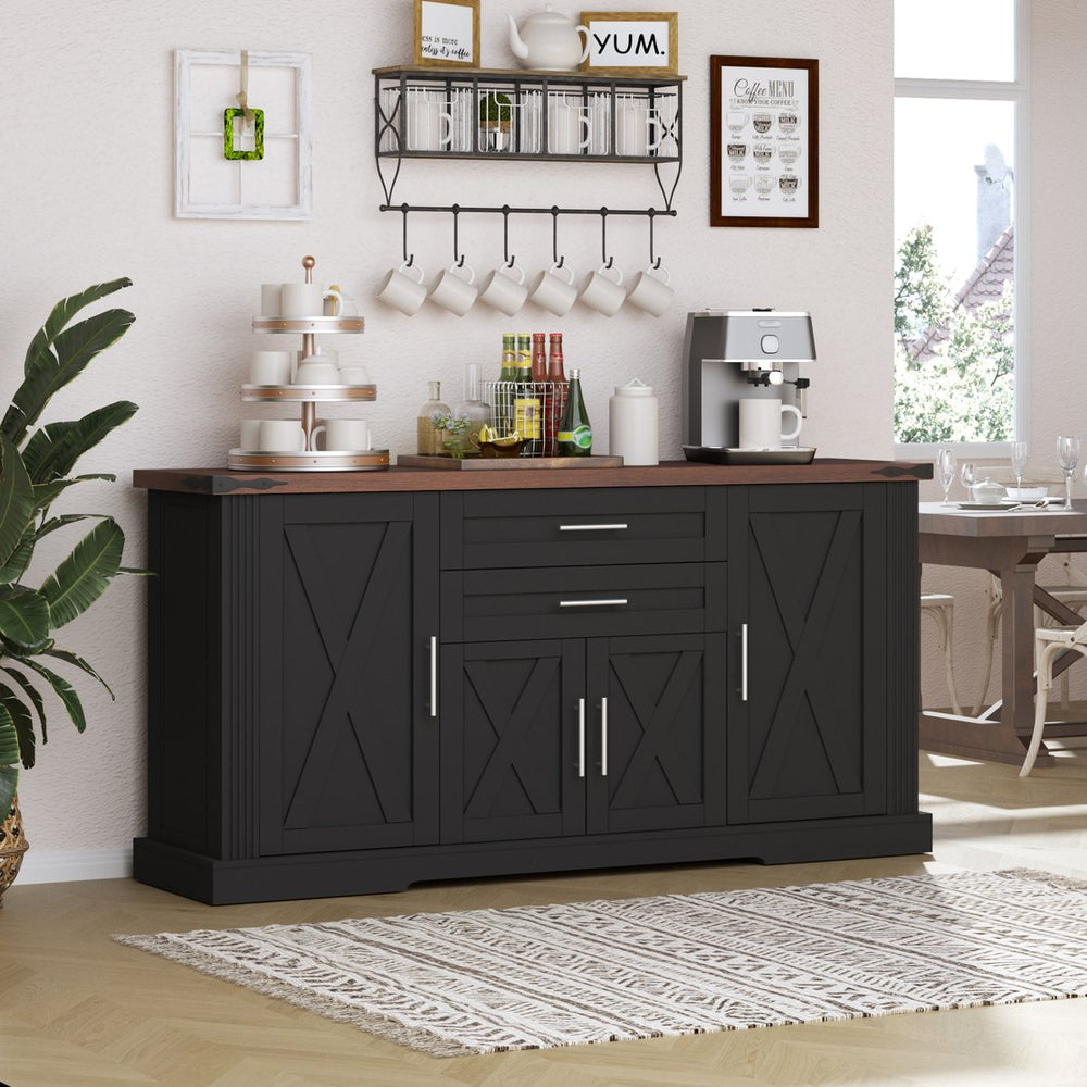 English Elm 63" Fluted Mdf Sideboard with Wood Tone Top Four Doors Three Drawers Dining Storage Black W2917S00012