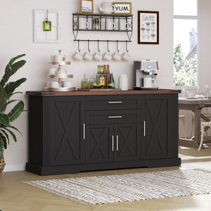 English Elm 63" Fluted Mdf Sideboard with Wood Tone Top Four Doors Three Drawers Dining Storage Black W2917S00012
