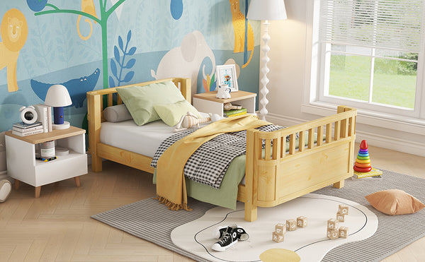 English Elm Twin Solid Pine Platform Bed with Guardrail for Kids, Low-Profile Twin Frame Durable 250LB Capacity W2593P367051