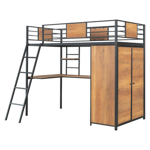 English Elm Twin Loft Bed with L-Shaped Desk and Wardrobe — Space-Saving Iron & Wood Design for Study & Storage Black SF000168AAB