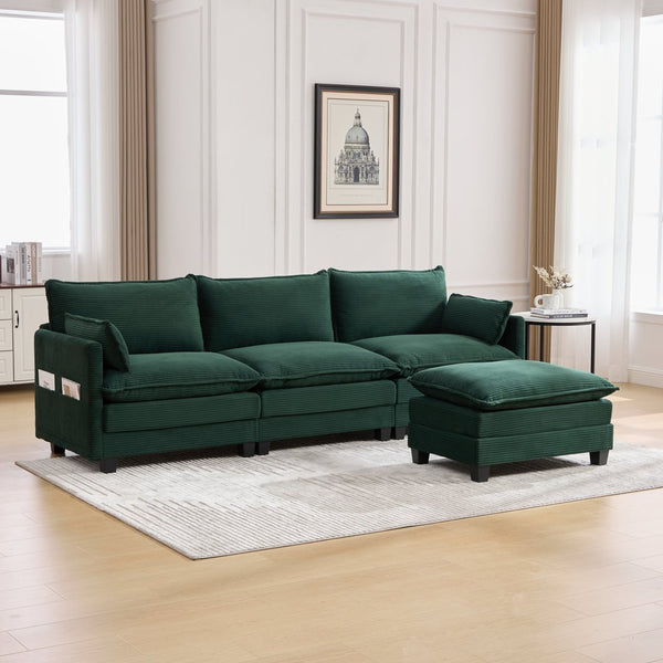 English Elm United We Win Modular Corduroy Sectional with Ottoman Low Profile Living Room Couch Emerald W1568S00257
