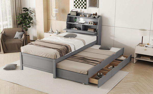 English Elm Twin LED Platform Bed with Trundle and Under-Storage Drawers, Flip-Up Headboard, USB Ports Gray N820S10008E