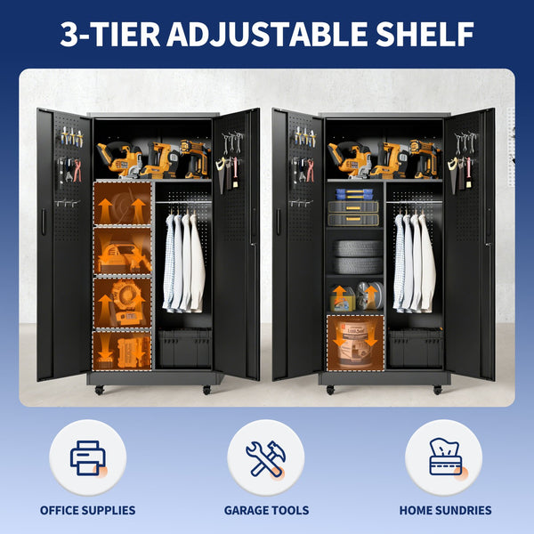 English Elm Metal Rolling Garage Cabinet with Pegboard Door Drawer Locking Storage and Adjustable Shelves T2398P465999