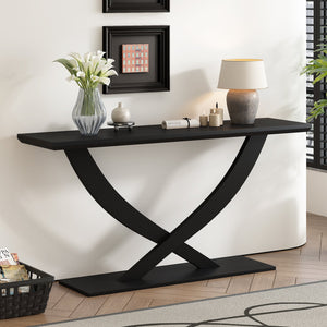 English Elm Mirod 57 Inch Acacia Veneer Console Table with Cross Leg Base for Entryway Black N760P214643B