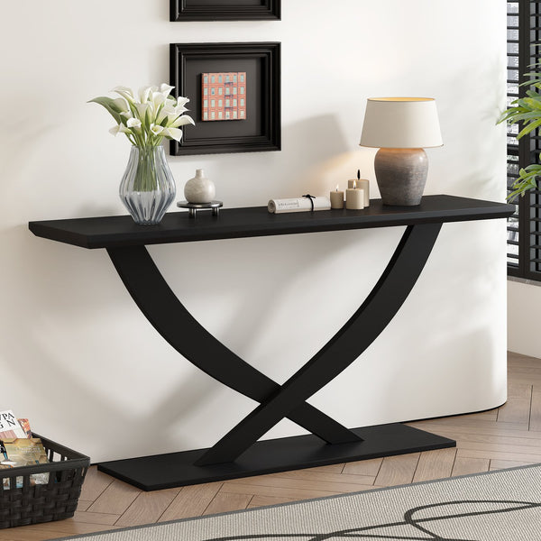 English Elm Mirod 57 Inch Acacia Veneer Console Table with Cross Leg Base for Entryway Black N760P214643B