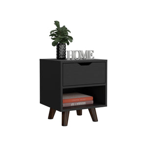 English Elm Modern Nightstand With Spacious Drawer & Open Shelf - Chic Black Design For Minimalist Spaces B097132940