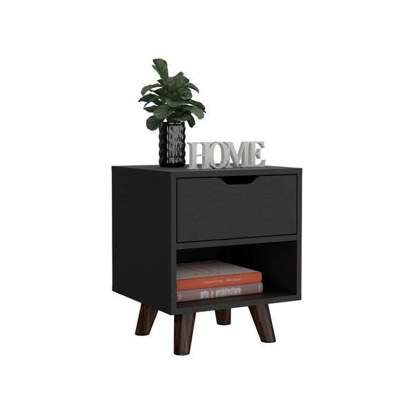 English Elm Modern Nightstand With Spacious Drawer & Open Shelf - Chic Black Design For Minimalist Spaces B097132940