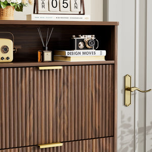 English Elm Shoe Cabinet Slim Entryway Organizer with Flip Compartments Wave Front and Gold Hardware Walnut W1162P384345