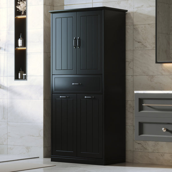 English Elm Christopher Knight Home® - Bathroom Storage Cabinet with Doors Drawer & Dual Laundry Baskets, MDF Build, Adjustable Shelf, Anti-Tip Device Black N759P243350B
