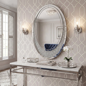 English Elm Oval Frameless Wall Mirror with Crushed Crystal Inlay Glam Silver Accent Decor W3836P427781