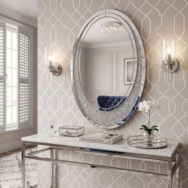English Elm Oval Frameless Wall Mirror with Crushed Crystal Inlay Glam Silver Accent Decor W3836P427781