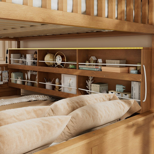 English Elm Full Xl Over Queen Bunk Bed Pinewood Frame with Led Lights Shelving Pegboard Brown LT000279AAP