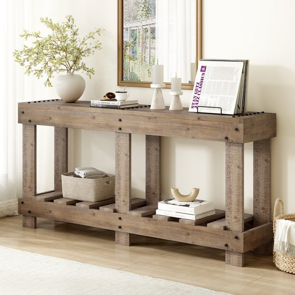 English Elm U_Style 62.9" Vintage Console Table - Solid Fir Wood, Antique Metal Rivets & Under-Shelf Storage Option N711P289135O-GIGA