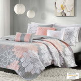 Madison Park Lola Transitional 6 Piece Printed Cotton Quilt Set with Throw Pillows MP13-6834 Grey/Peach