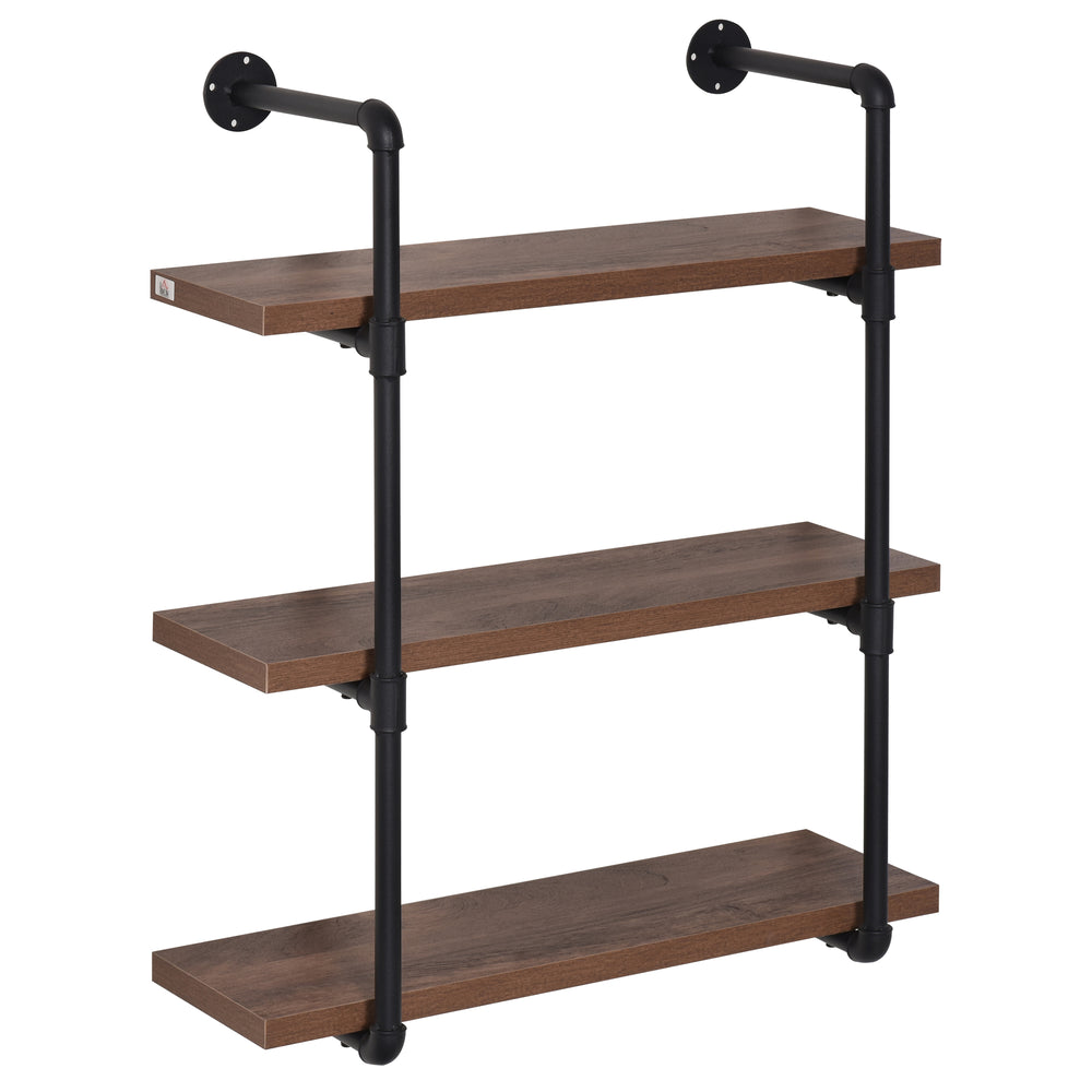 English Elm HOMCOM Industrial 3-Tier Pipe Wall Shelf – Rustic Brown Floating Bookshelf, Metal Frame Display Rack W2225P229632