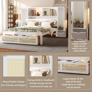 English Elm Twin Multifunctional Bed with Rattan Headboard Storage, Drawer & Shelves — Space-Saving Pine Design White 50.4 L x 19.8 W x 5.5 H N733S241280K