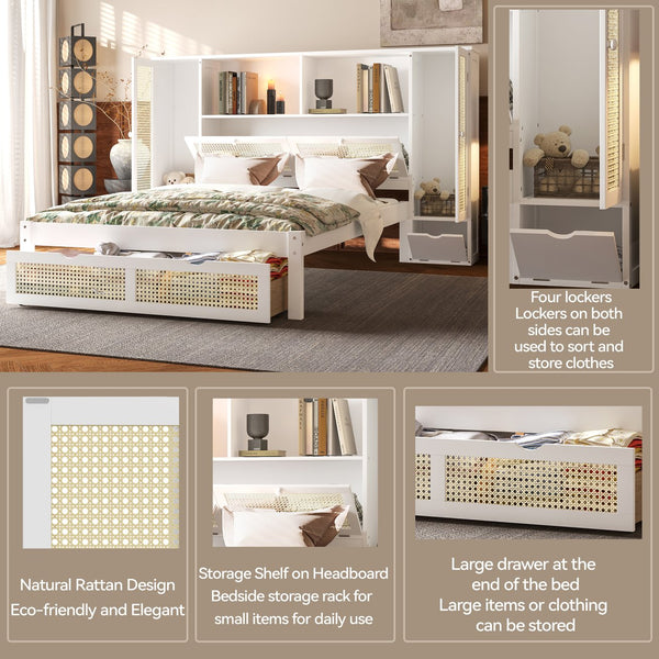 English Elm Twin Multifunctional Bed with Rattan Headboard Storage, Drawer & Shelves — Space-Saving Pine Design White 50.4 L x 19.8 W x 5.5 H N733S241280K