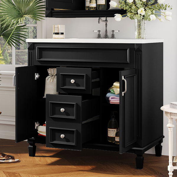 English Elm 36'' Modern Bathroom Vanity With Black Ceramic Top, Soft Closing Doors & Drawers For Stylish Storage N710P230231B
