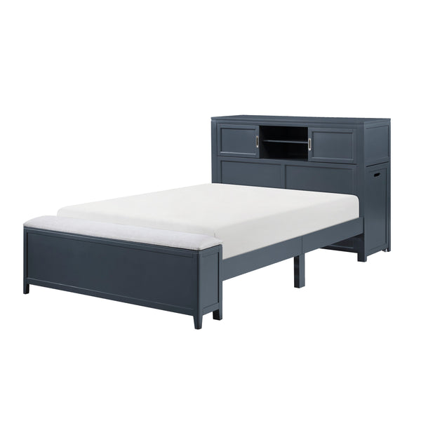English Elm Gray Full Platform Bed with Bookcase Headboard Fold Out Desk Drawers and Footboard Bench Navy Blue B011S02313