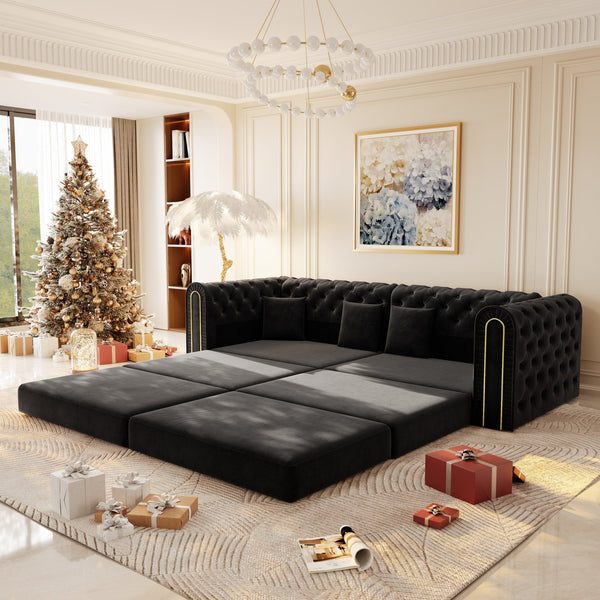 English Elm 90.2" Plush Teddy Fabric Convertible Sleeper Sofa with Hidden Storage for Living Room Black W1885S00243