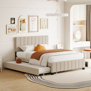 English Elm Queen Tufted Velvet Platform Bed with Storage Drawers and Pull Out Trundle Beige LP000714AAA-1