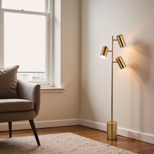 English Elm Harmony Triple Spot Floor Lamp Brassed Gold Metal Base for Living Room Ambiance B183P230915