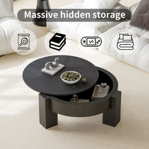 English Elm 33'' Round Coffee Table Parquet Veneer Flip Top Hidden Storage Wabi-sabi Living Room Black W1435P419322