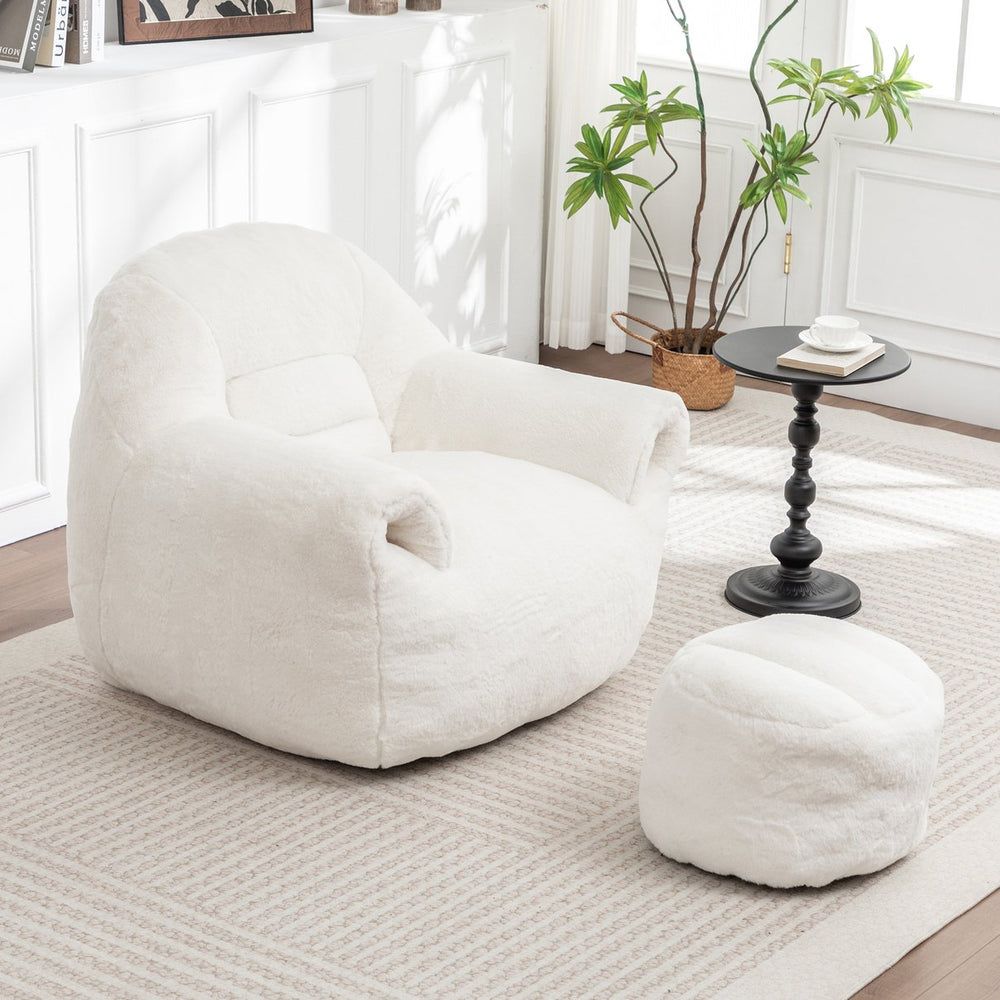 English Elm Bean Bag Chair - Plush Faux-Fur Sofa With Back Support & Footstool For Cozy Living Room Relaxation W2200P326899