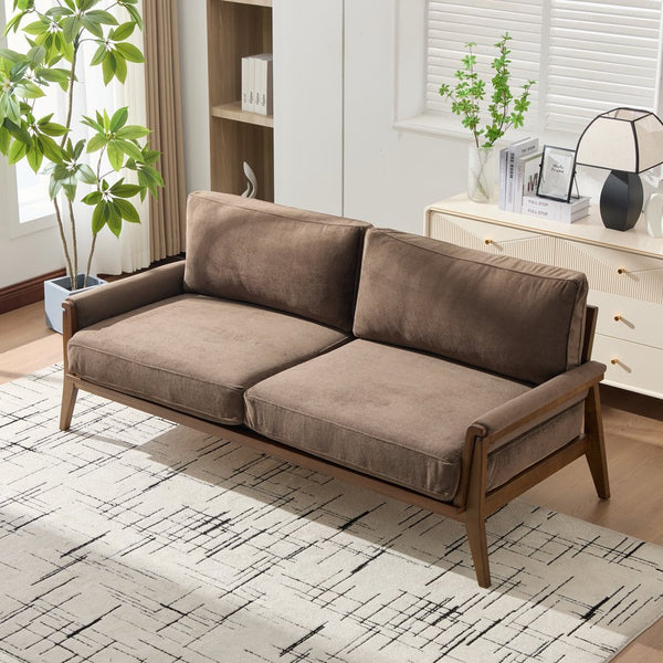 English Elm Mid-century Modern Boucle Upholstered Three Seat Sofa with Walnut Finish Wood Legs Dark Brown N773P411407D