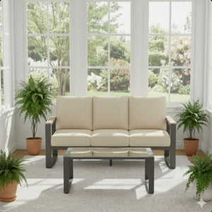 English Elm 2-piece Outdoor Aluminum Patio Sofa Set with Tempered Glass Table and Cushioned Seating Beige+Black B082P455138