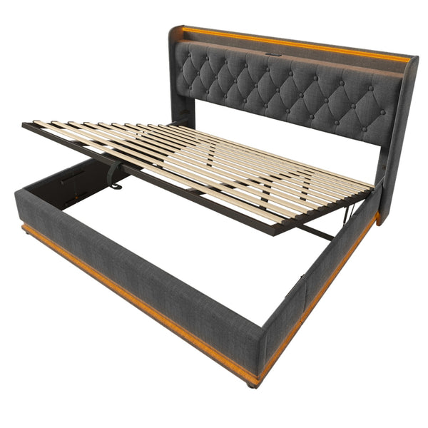 English Elm King Upholstered Bed with Surround LED, App/Remote Control, Hydraulic Storage, USB Type-C Charging Gray N736P188808G