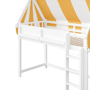 English Elm Twin Solid Wood Loft Bed with Led Lights Canopy Bookshelf for Kids Bedroom White N7090002241K