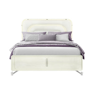 English Elm Nora Solid Wood King Bed with LED Headboard, Contemporary Geometric Legs and Rounded Edges Beige 88.5 L x 10.08 W x 3.15 H B201S00444