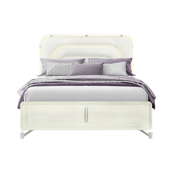 English Elm Nora Solid Wood King Bed with LED Headboard, Contemporary Geometric Legs and Rounded Edges Beige 88.5 L x 10.08 W x 3.15 H B201S00444