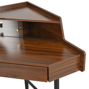 English Elm Corner Makeup Vanity Desk with 360° Rotating LED Mirror, Adjustable Brightness, L-Shaped Corner Design and Pull-Out Storage for Small Spaces Walnut N844P263663W