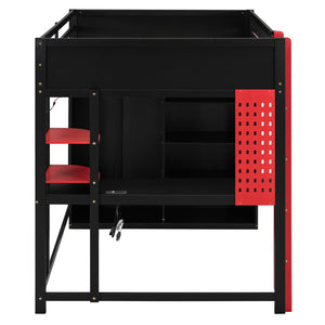 English Elm Full Size Gaming Loft Bed with Rgb Lighting Integrated Desk and Open Wardrobe N820S00073J
