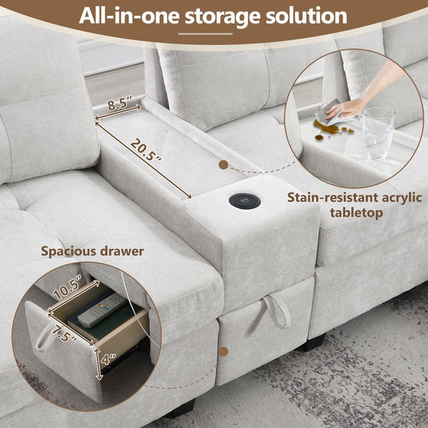 English Elm [new U-shaped Chenille Sectional Six Seat Tufted Couch with Usb Charging Storage Light Gray N723S1191K