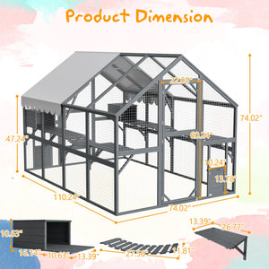 English Elm Extra Large Walk-in Outdoor Cat Enclosure with Oxford Roof Ramps and Dual Resting Huts W1422S00048