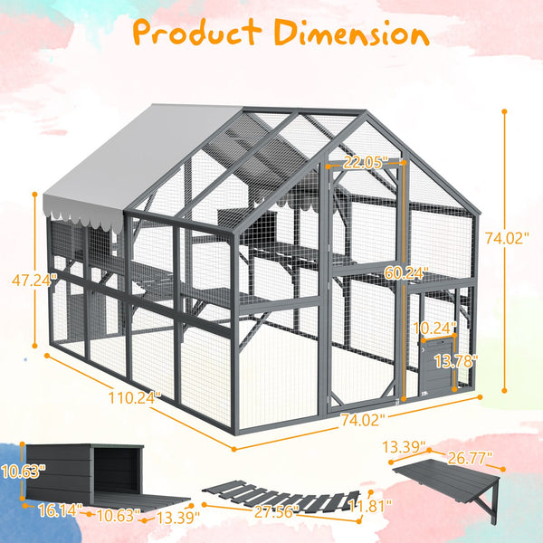 English Elm Extra Large Walk-in Outdoor Cat Enclosure with Oxford Roof Ramps and Dual Resting Huts W1422S00048