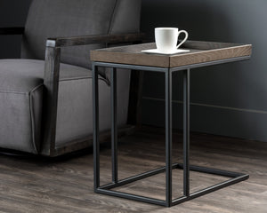 Sunpan Arden Modern C-Shaped Side Table with Rustic Oak Tray Top and Sleek Iron Frame for Stylish Decor Black / Charcoal Grey