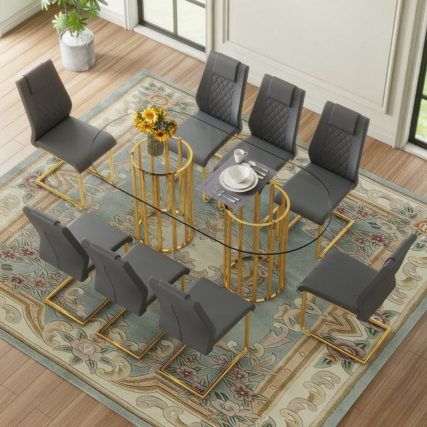 English Elm Table and Chair Set 8 Seater Oval Glass Dining with Glamorous Gold Base Modern Luxe Dark Gray,Gold,Transparent W1151S04723