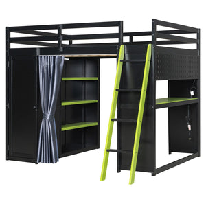 English Elm Full Size Wood Loft Bed with Wardrobe Desk Shelves Rgb Lighting and Blackout Curtains Black+Green LT000269AAF-1