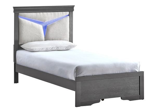 English Elm Lorana Plush Teddy Upholstered Twin Bed with Built-in Led Headboard for Kids Rooms Gray B078S00663