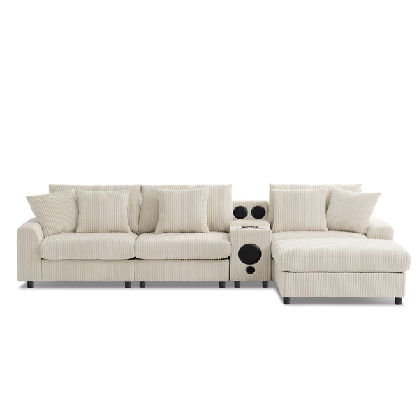 English Elm 114*64'' Corduroy Cloud Sectional with Bluetooth Speakers Usb Charging Ottoman Lounge Sofa N723S9756A