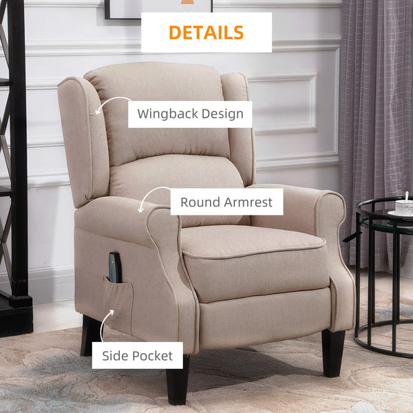 English Elm HOMCOM Linen Massage Recliner Sofa with Heat & Remote, Pocket Spring Comfort, 140° Recline Beige W2225P173855