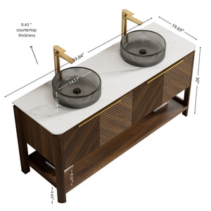 English Elm Dina 60 Inch Floating Bathroom Vanity Sintered Stone Top Dual Glass Basins Wood Grain W2615S00732